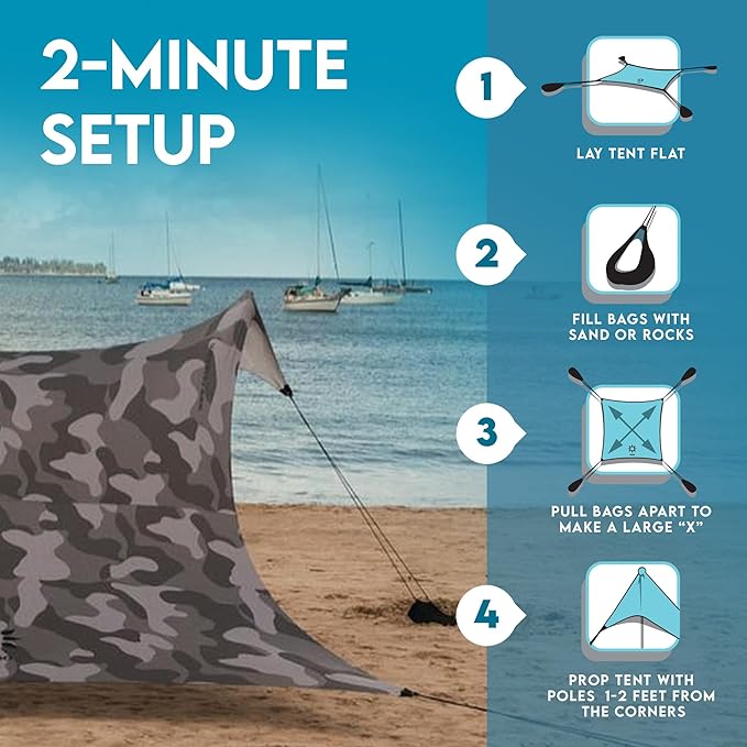 Neso Gigante - Portable Beach Tent - Ideal to Enjoy with Family and Friends - UPF 50+, Water-Resistant, and Lightweight - Grey Camo, 11' x 11'