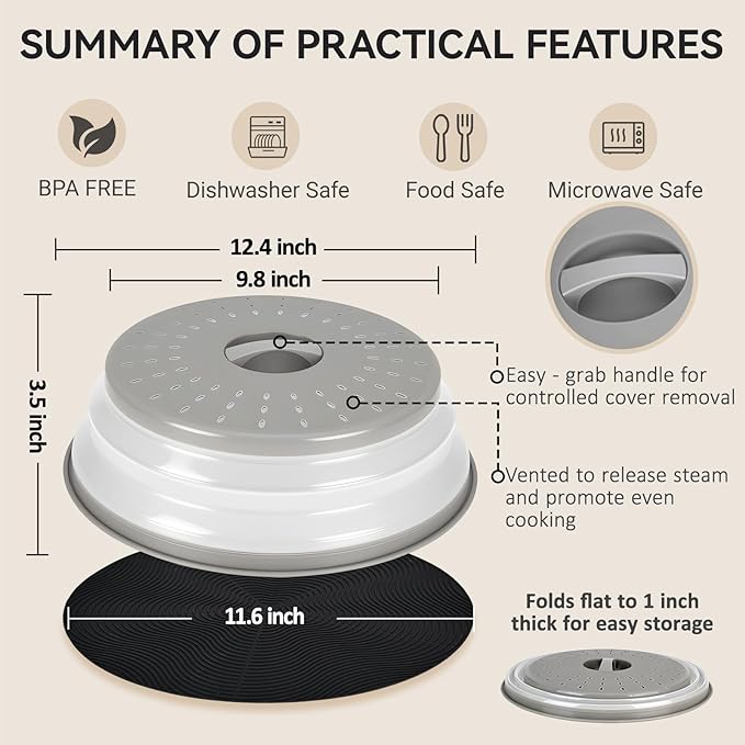 12" Microwave Splatter Cover & Mat, Large Vented Collapsible Splatter Guard