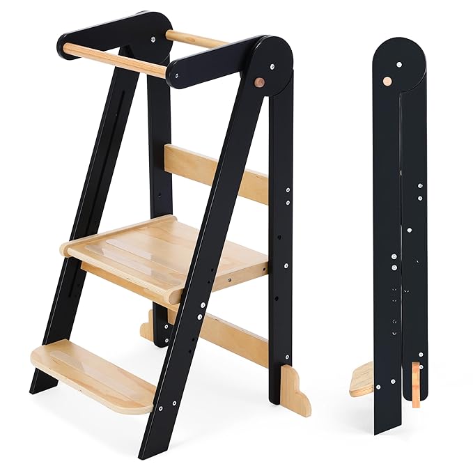 Nordi Foldable Toddler Kitchen Tower, Montessori Kitchen Stools Helper, Standing Tower with 3 Adjustable Heights, Suitable Age for 2-6 Years, Black
