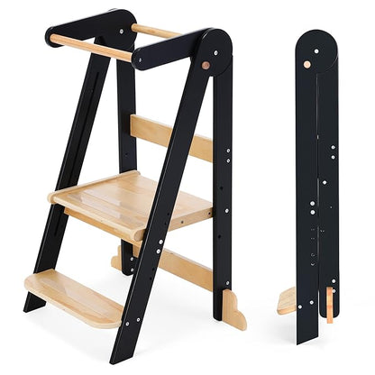 Nordi Foldable Toddler Kitchen Tower, Montessori Kitchen Stools Helper, Standing Tower with 3 Adjustable Heights, Suitable Age for 2-6 Years, Black