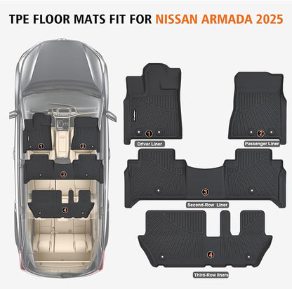 All Weather Car Floor Mats for 2025 2026 Nissan Armada/Infiniti QX80 8 Seats, TPE Rubber Floor Liners Anti-Slip Full Set Automotive Mats for 2025 2026 Nissan Armada Accessories
