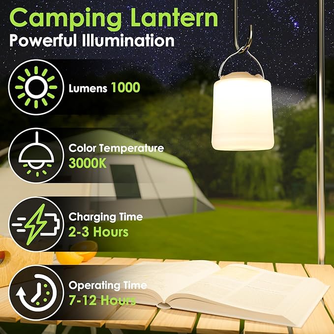LED Camping Lantern, Rechargeable Camping Light, 4 Modes Outdoor Flashlights Lanterns with 1000LM, Water Resistant Portable Emergency Camp Light for Hurricane Hiking Survival Kits - Khaki