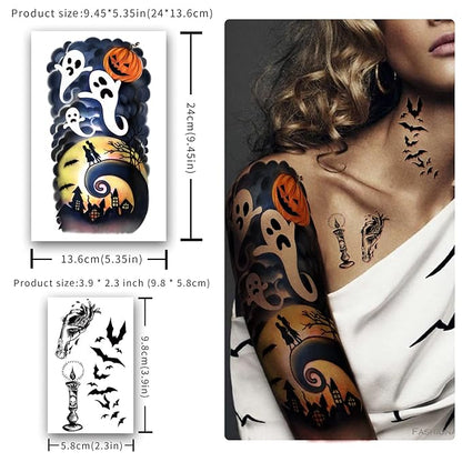 Yazhiji 40 Sheets Halloween Temporary Tattoos Pumpkin Witch Sugar Skull Tattoo Family Set Tats for Women Men Boys and Girls