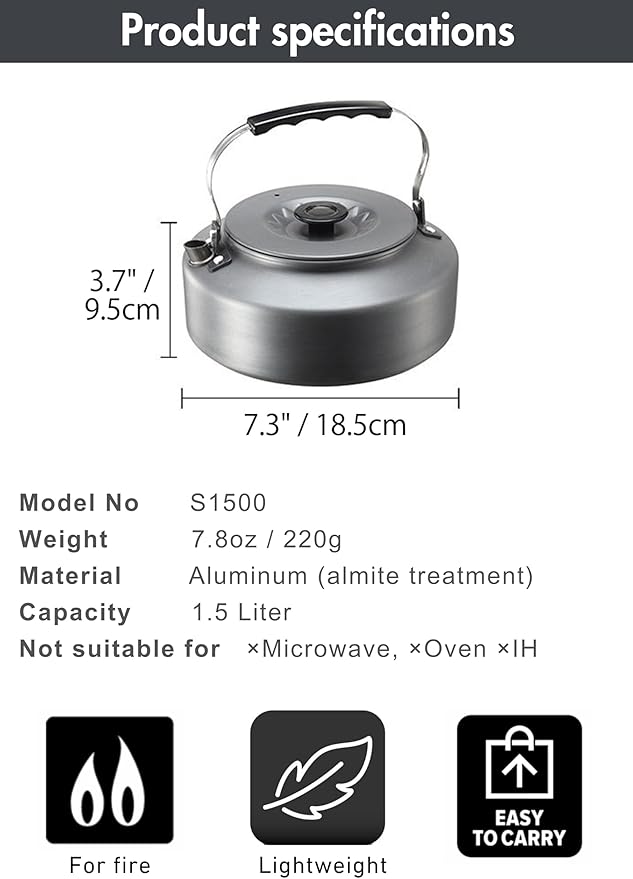 CAMPINGMOON Camping Kettle 1.5L Portable Ultra-Light Coffee Tea Pot S1500