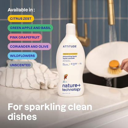 ATTITUDE Dish Soap, EWG Verified, Plant-Based & Vegan Dishwashing Liquid, Naturally Derived, Unscented, 23.7 Fl Oz