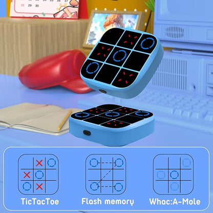 Tic-Tac-Toe Bolt Game, 4-in-1 Handheld Puzzle Games Console, Electronic Tic-Tac-Toe Game for Educational and Memory Growth, Portable Travel Games for Car Ride, Board Games for Kids and Adults (Blue)
