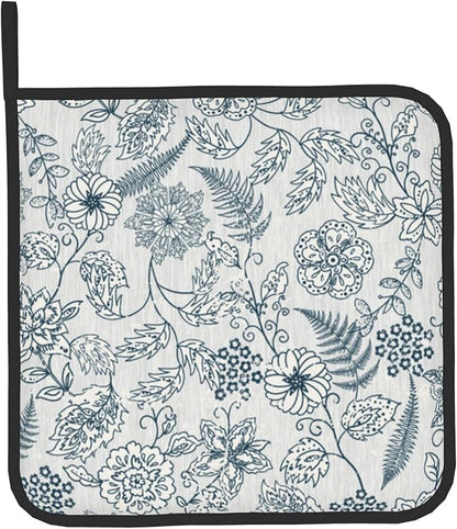 Blue Floral Oven Mitts Set – Vintage Pot Holders Kitchen Gloves