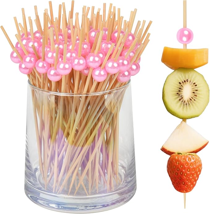 300Pcs Fancy Toothpicks for Appetizers,4.7Inch Pink Pearl Cocktail Picks For Drinks,Bamboo Appetizer Skewers for Charcuterie Boards Accessories,Martini, Sandwich,Desserts,Fruit,Pink Party Decorations