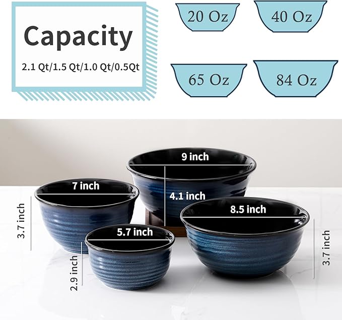 Hasense Mixing Bowls for Cooking, Baking, Ceramic Serving Dishes Set of 4 for Salad, Fruits, Popcorn, Versatile Nesting Bowls for Housewarming Gift, 2.1/1.5/1.0/0.5 Qt, Dishwasher & Microwave Safe