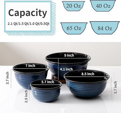 Hasense Mixing Bowls for Cooking, Baking, Ceramic Serving Dishes Set of 4 for Salad, Fruits, Popcorn, Versatile Nesting Bowls for Housewarming Gift, 2.1/1.5/1.0/0.5 Qt, Dishwasher & Microwave Safe