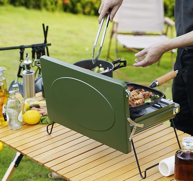ONLYFIRE Portable Camping Stove 2-Burner, Propane Camp Stove with Foldable Legs, Camping Grill Stove with Adjustable Burners, Heavy-Duty Latch & Handle for Camping Tailgating RV BBQ, Green