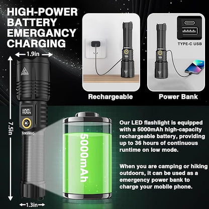 Rechargeable Flashlights 2200 High lumens, Super Bright LED Tactical Flashlight, Zoomable, IPX6 Waterproof, 6 Modes, Powerful Handheld Flash Light for Emergencies, Camping, Hiking