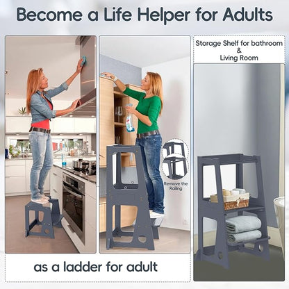 4 in 1 Toddler Step Stool Tower, Foldable Learning Standing Tower with Whiteboard 2 in 1 Convertible Table and Chair, Removable Safety Rail, Widened Platforms for Kitchen Counter Bathroom Sink