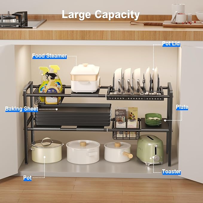 Mustorn Pots and Pans Organizer Under Cabinet, Expandable 2 Tier Under Sink