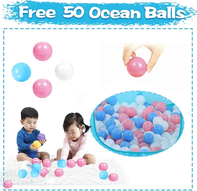 Baby Ball Pit for Toddler with 50 Balls, Kids Pop Up Play Tent for Girls, Princess Toys for Children Indoor & Outdoor Playhouse with Carry Bag (Bule: Pink/White/Babyblue, 109x90cm/50 Balls)