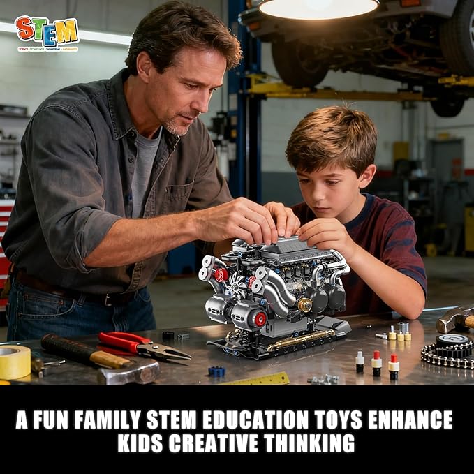 W16 Engine Building Blocks Set for Adults, STEM Mini 16-Cylinder Engine Model Kit That Runs, Compatible with Lego Car, DIY Physical Science Experiment Toy for Teens Kids Boys (801 PCS)