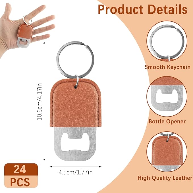 24 Pack Leather Bottle Opener, Bulk Bottle Opener Keychain, Blank PU Leather