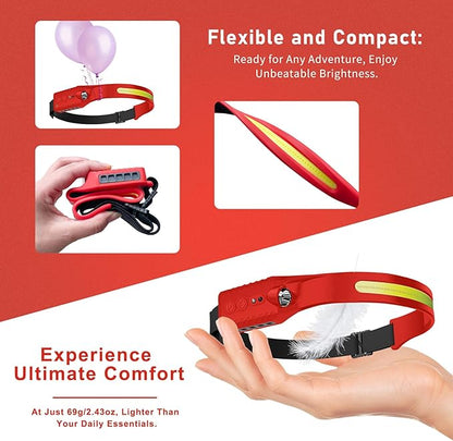 Rechargeable LED Headlamp (Red), 400 Lumens, 230° Wide Beam, USB-C, IPX4, 5 Modes ??Lightweight, Adjustable Headband; Hard Hat Clips for Camping, Hiking, Running & Repairs