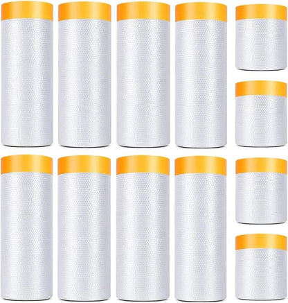 12 Pack Tape and Drape, 3 Sizes Pre-Taped Masking Film Plastic Sheeting Cover Roll, 65.6 Ft/Pack Automotive Painters Masking Tape Film for Furniture, Floor, Skirting