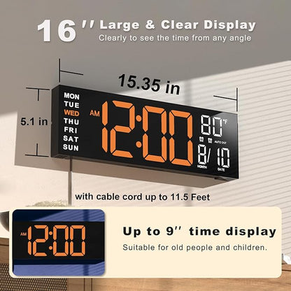 JALL 16" Large Digital Wall Mount Clock, Count Down Timer, Big LED, RGB Color