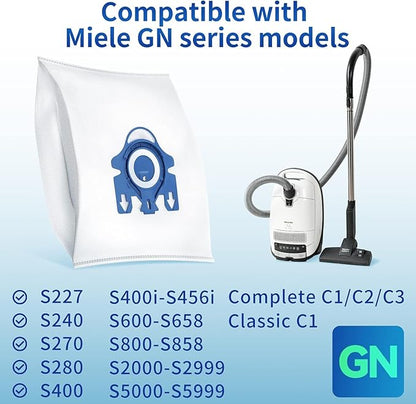 12 Pack 3D Dust Bags, Compatible with Miele GN Vacuum Bags, Replacement for Miele Classic C1 Complete C1, C2, C3, S400i S600 S2 S5 S8 Series, with 4 MP Filters, 4 AC Filters
