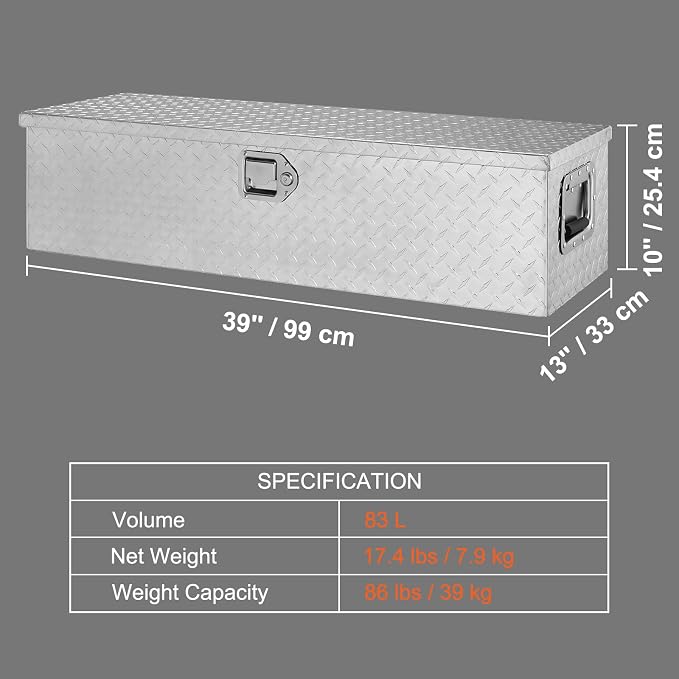 VEVOR Heavy Duty Aluminum Truck Bed Tool Box, Diamond Plate Tool Box with Side Handle and Lock Keys, Storage Tool Box Chest Box Organizer for Pickup, Truck Bed, RV, Trailer, 39"x13"x10", Silver