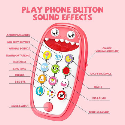 Baby Shark Cell Phone Toy Removable Teether Case, Light, Music & Adjustable Volume Kids Play & Learn Fake Phone Infant Toddler, Preschool Holiday Birthday Presnet for Girl Boy 12 Months (Red)