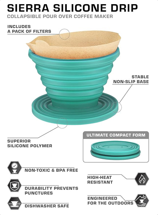 COLETTI Sierra Camping Pour Over Coffee Dripper ??Collapsible Pour Over Coffee Dripper ??Includes Pack of Paper Filters [Teal, Pack of 2]