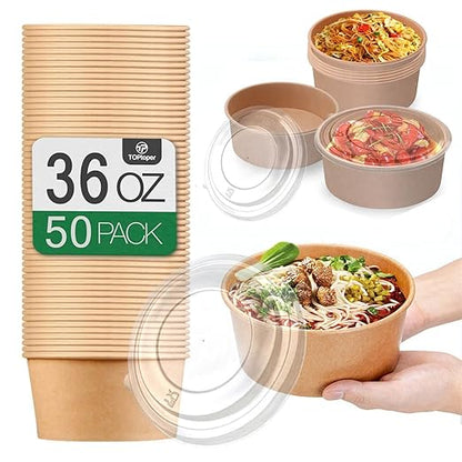36Oz 50Pcs Large Paper Bowls with Lids, Disposable Soup Serving Bowls Bulk Party Supplies for Hot/Cold Food, Soup (36 OZ)