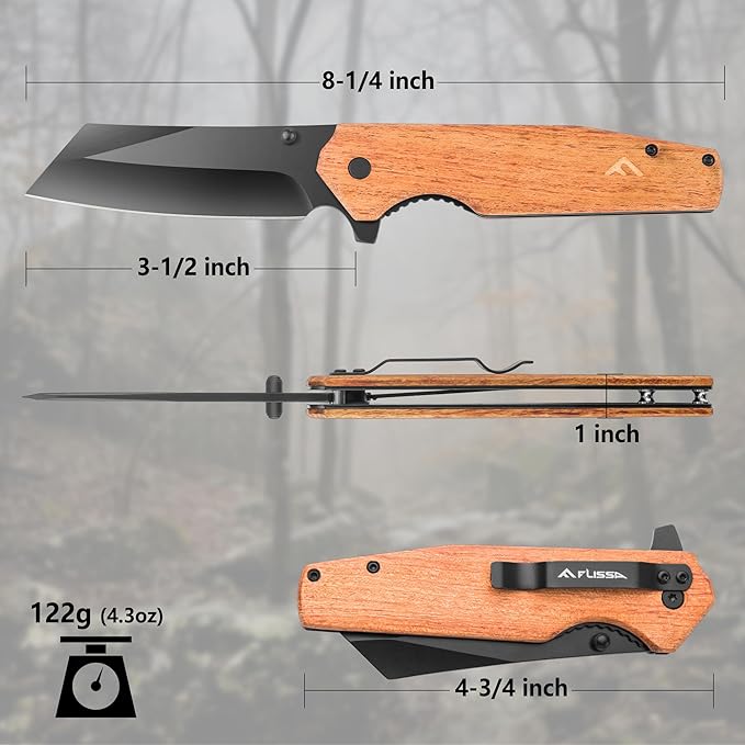 FLISSA Folding Knife, 4-3/4" Reverse Tanto Folding Pocket Knife, Black Stonewash Blade, Wood Handle, for Hunting, Survival, Camping and Outdoor Activities, Great Gifts for Dad, Husband, Friend