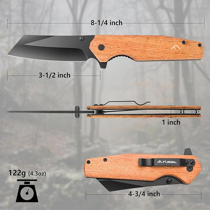 FLISSA Folding Knife, 4-3/4" Reverse Tanto Folding Pocket Knife, Black Stonewash Blade, Wood Handle, for Hunting, Survival, Camping and Outdoor Activities, Great Gifts for Dad, Husband, Friend