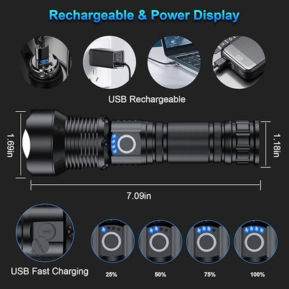 Rechargeable Flashlights 90000 High Lumens - 2 Pack, Super Bright 12 Hours Long Life LED Flashlight with 5 Modes, High Powered Flash Light for Home, Outdoor