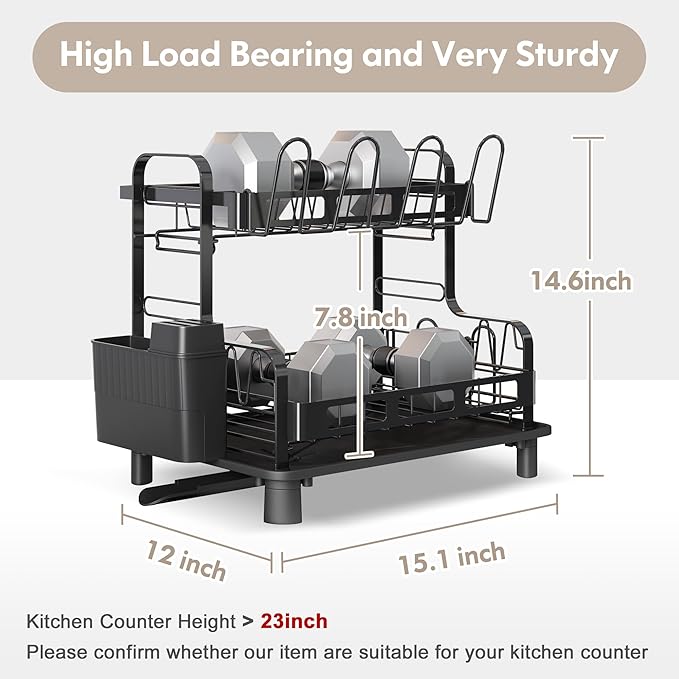 BOOSINY Dish Drying Rack, 2 Tier Large Stainless Steel Black Dish Rack