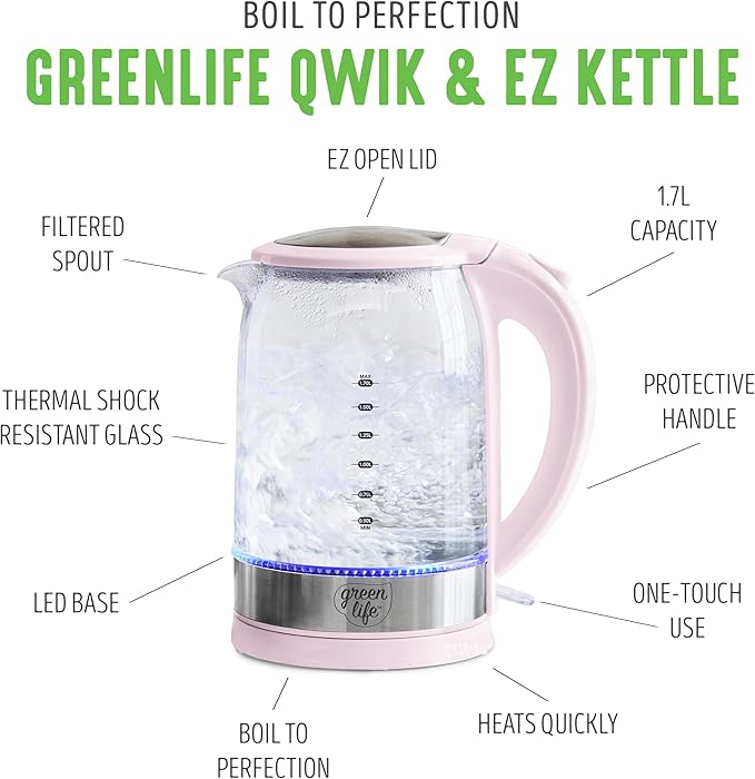 GreenLife 1.7 Liter Glass Electric Kettle, Easy One Touch Use, Quick Heating