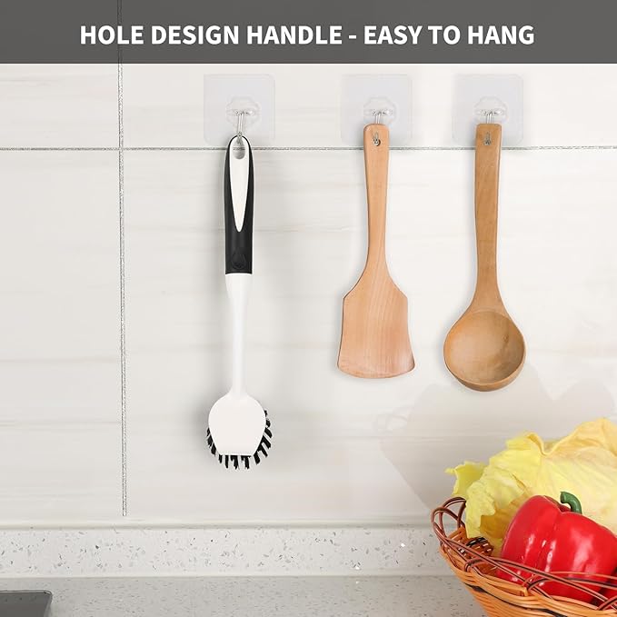 Dish Brush with Handle, 2 Pack Scrub Brushes with Built-in Scraper