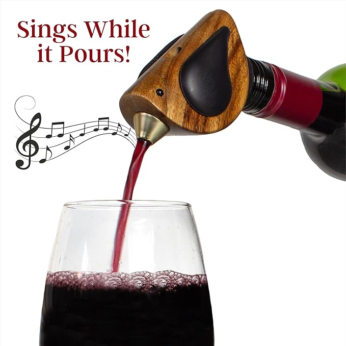 Songbird Specialties Wine Bottle Pourer, Fun Wine Pourer Spout Sings While It Pours, Airtight Wine Bottle Sealer, Acacia Wood with Black Wings