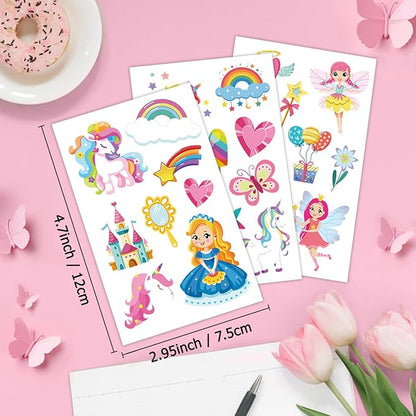 Unicorn Princess Temporary Tattoo for Kids, 270+ Pcs Rainbow Crown Unicorn Fake Tattoos for Girls’ Party Supplies Kids' Birthday Favor, 36 Sheets Waterproof Tattoos for 5 6 7 8 9 Years Old Girls