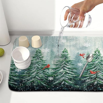 Welcome Winter Pines Tree Dish Drying Mat, Winter Snowflake Dish Drying Mat
