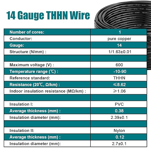 THHN Wire 14 Gauge 75 FT OFC Electrical Wire, 14 AWG Solid Copper Wire Rated up
