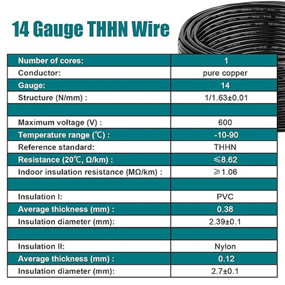 THHN Wire 14 Gauge 75 FT OFC Electrical Wire, 14 AWG Solid Copper Wire Rated up