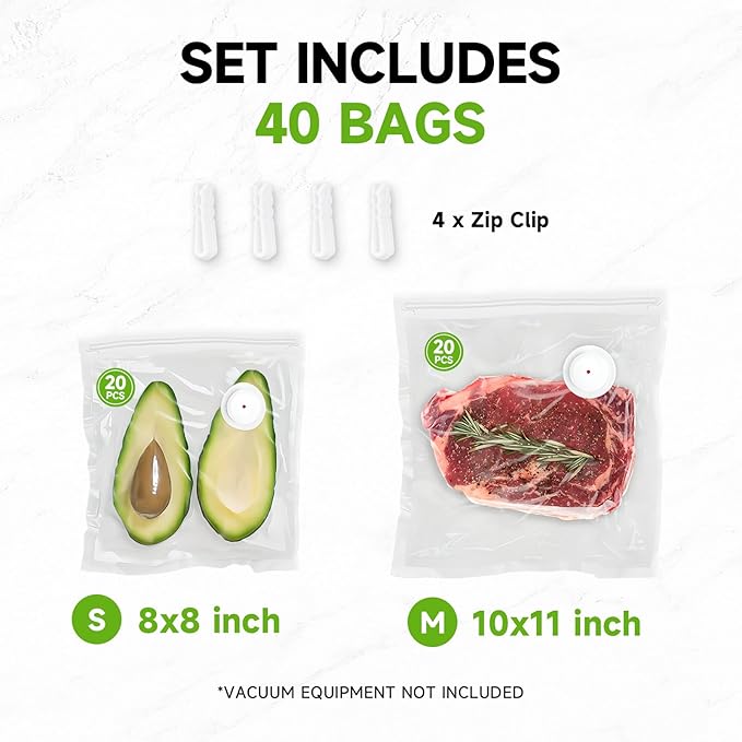 Vacuum Sealer Bags, 40 Reusable Vacuum Sealer Bags for Food, BPA-Free, Meal Prep and Sous Vide Cooking,Works for Handheld Sealer and Vac Sealer Machine with External Vacuum Systems