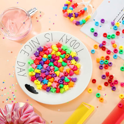 600 Pieces Pony Star Beads Crafts Bulk Hearts Star Colorful Acrylic Beads Large Hole for Bracelet Kawaii Rainbow Necklace Jewelry Crafts Making Valentine Party Favor DIY
