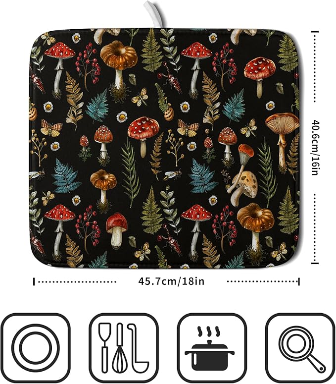 Mushroom Forest Dish Drying Mat Fern Leaves Black Drainer Mat