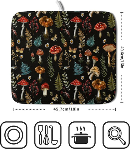 Mushroom Forest Dish Drying Mat Fern Leaves Black Drainer Mat