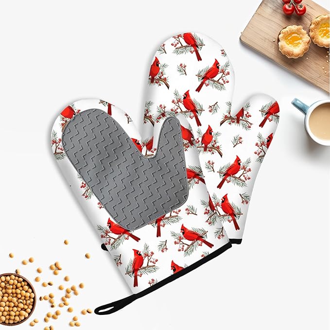 Christmas Cardinal Birds Oven Mitts and Pot Holders Sets of 3, Cardinal Birds
