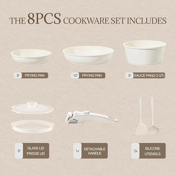 Ceramic Cookware Set Non Stick 8Pcs Pots and Pans Set Detachable Handle