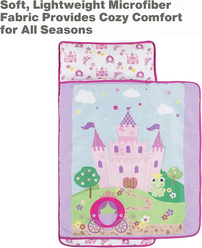 EVERYDAY KIDS Toddler Nap Mat with Removable Pillow -Princess Storyland- Carry Handle with Fastening Straps Closure, Rollup Design, Soft Microfiber for Preschool, Daycare, Sleeping Bag -Ages 2-6 years