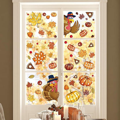 Whaline 9 Sheet Thanksgiving Fall Window Clings Turkey Pumpkin Maple Leaf Reusable Window Decals for for Autumn Harvest Seasonal Holiday School Office Supplies Glass Home Decor
