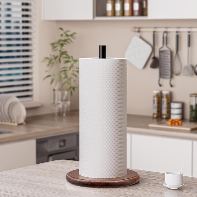 Paper Towel Holder with Wooden Base, Kitchen Countertop Paper Towel Stand