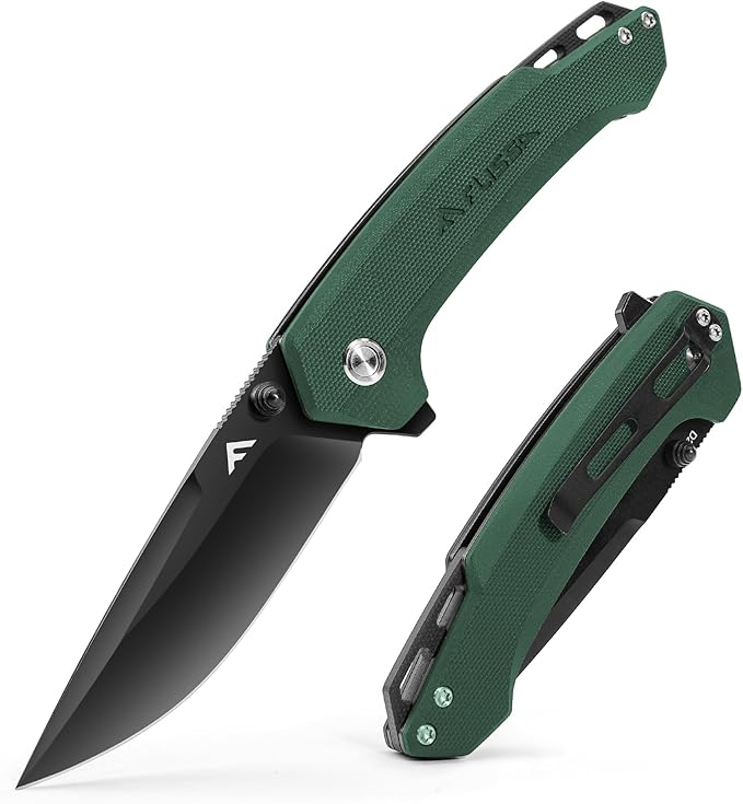 FLISSA Pocket Folding Knife, 3.2??D2 Blade G10 Handle EDC Knife with Pocket Clip Liner Lock for Hunting, Camping, Survival, Outdoor Activities(Green)